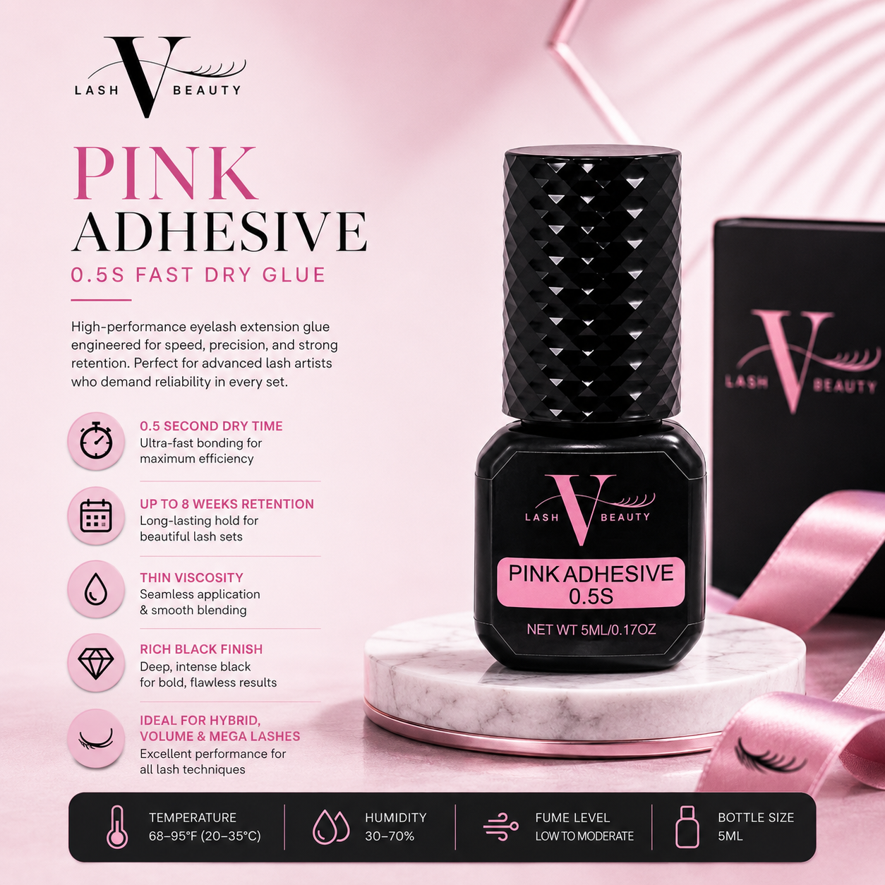 Pink Lash Adhesive 0.5 second dry time professional eyelash extension glue, 5mL pink lash adhesive with up to 8 weeks retention for volume and mega volume lashes