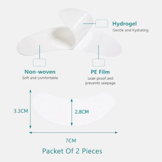 Hydrogel gel eye pads for eyelash extensions showing hydrating, non-woven, leak-proof design and product dimensions