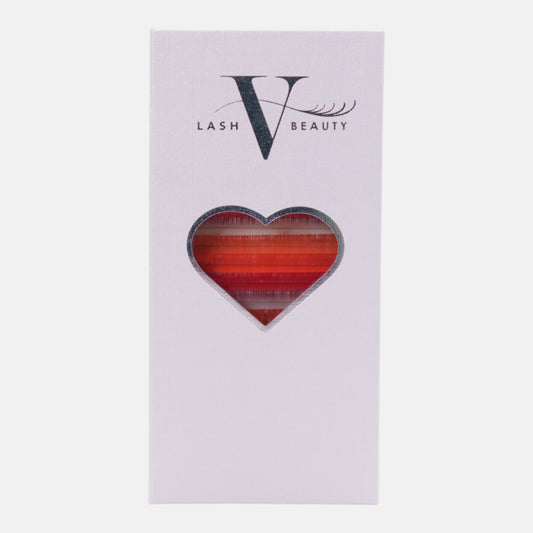 Sunset Glow colored lash extension tray featuring vibrant red and orange shades for bold lash sets and fiery lash artistry.