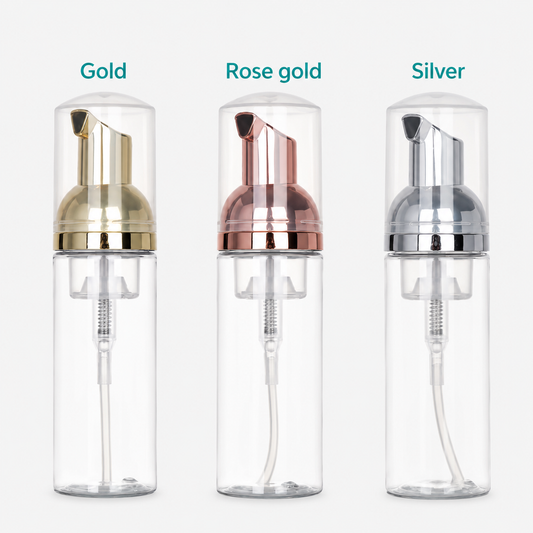Foam pump bottle for eyelash extensions and lash shampoo dispenser with reusable clear bottle and metallic pump