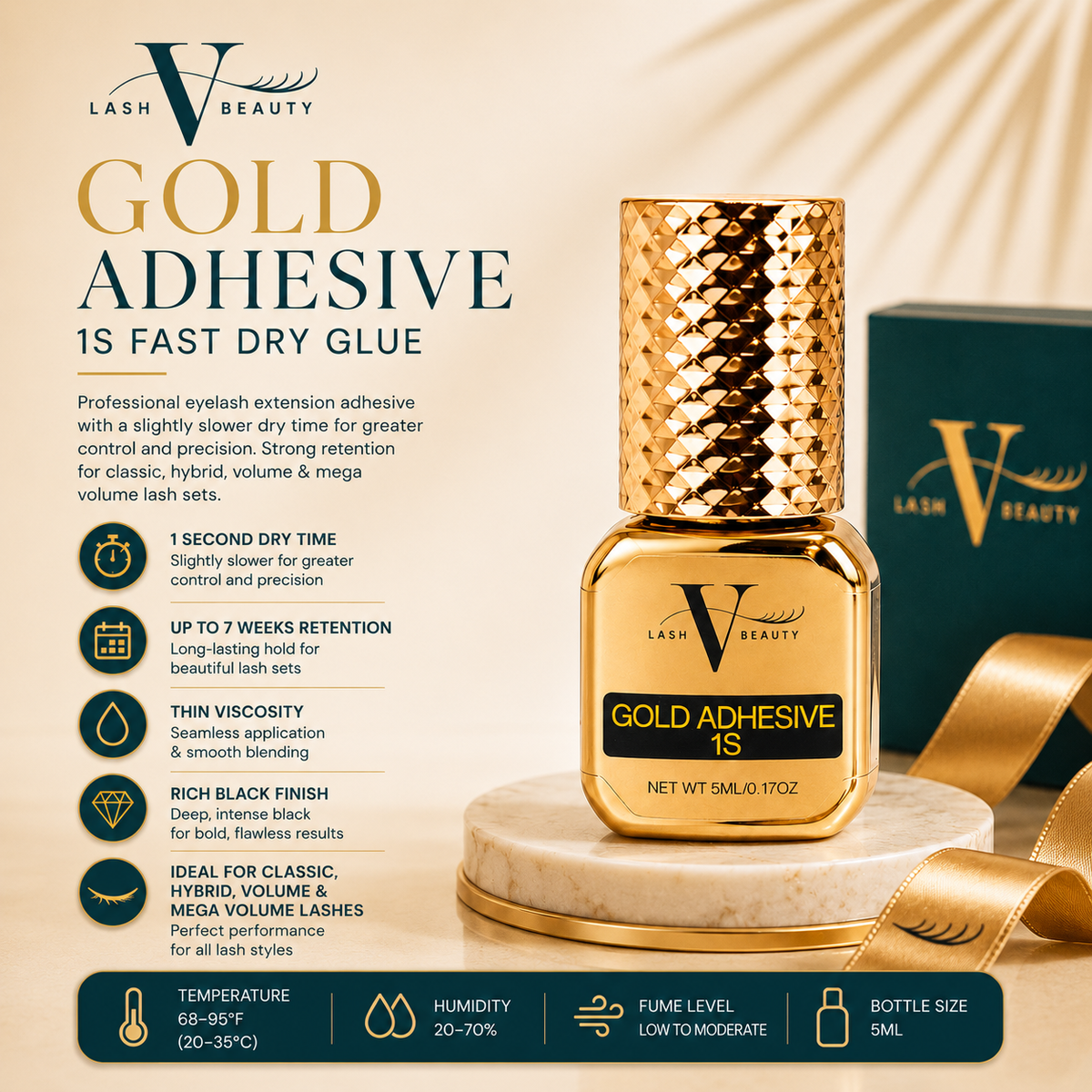 Gold Lash Adhesive 1 second eyelash extension glue, 5mL professional adhesive for classic, hybrid, volume and mega volume lashes