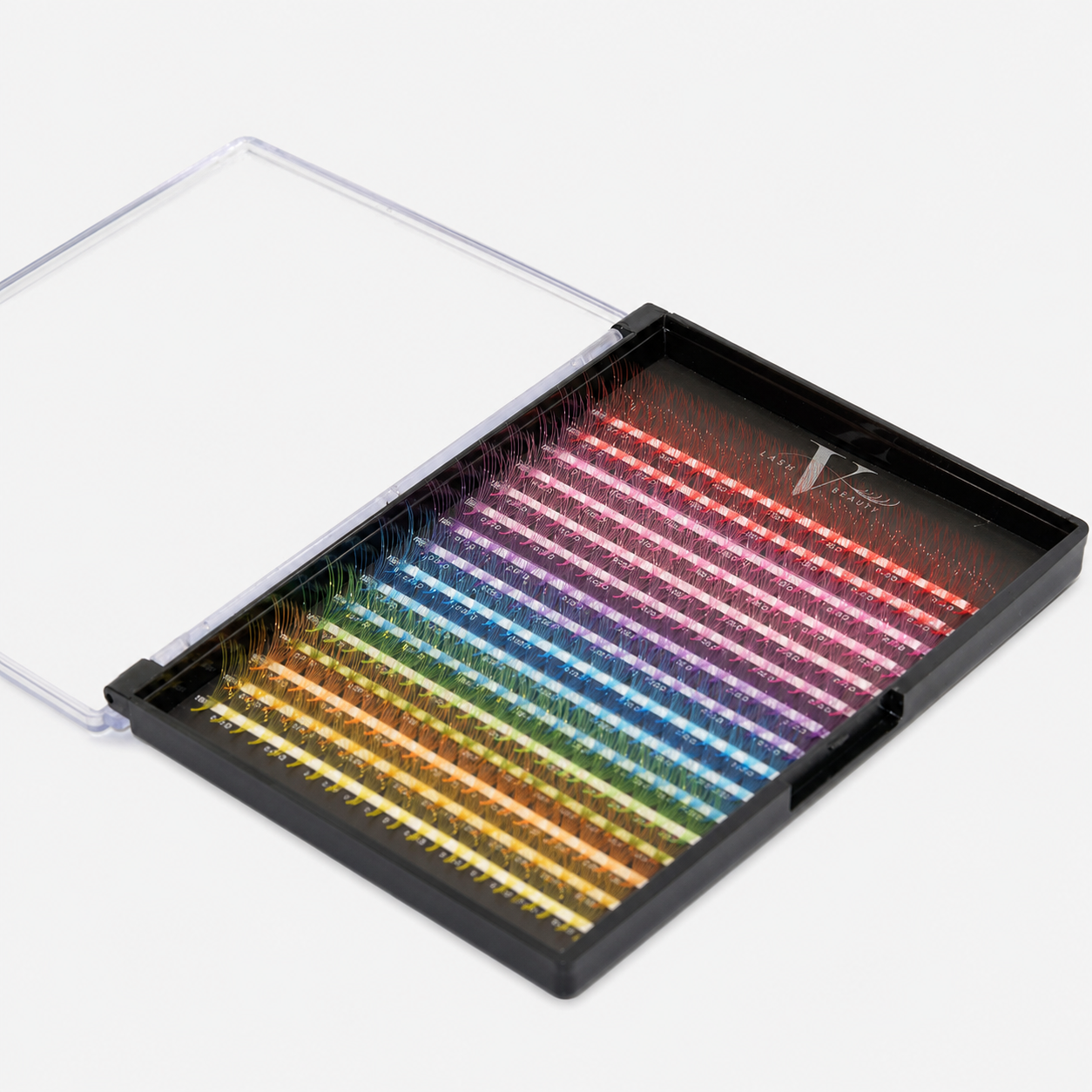 Colorful 10D premade lash fans featuring 0.05mm fibers, D curl, and pointy base for seamless volume lash application
