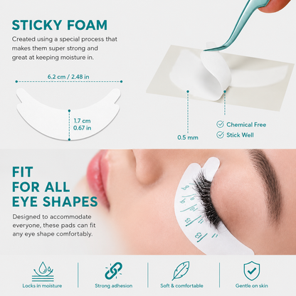 Microfoam eye pads for lash extensions showing sticky foam material, strong adhesion, custom fit, and suitability for all eye shapes