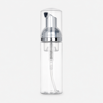 Clear foam pump bottle with metallic pump for dispensing lash shampoo and cleansing eyelash extensions