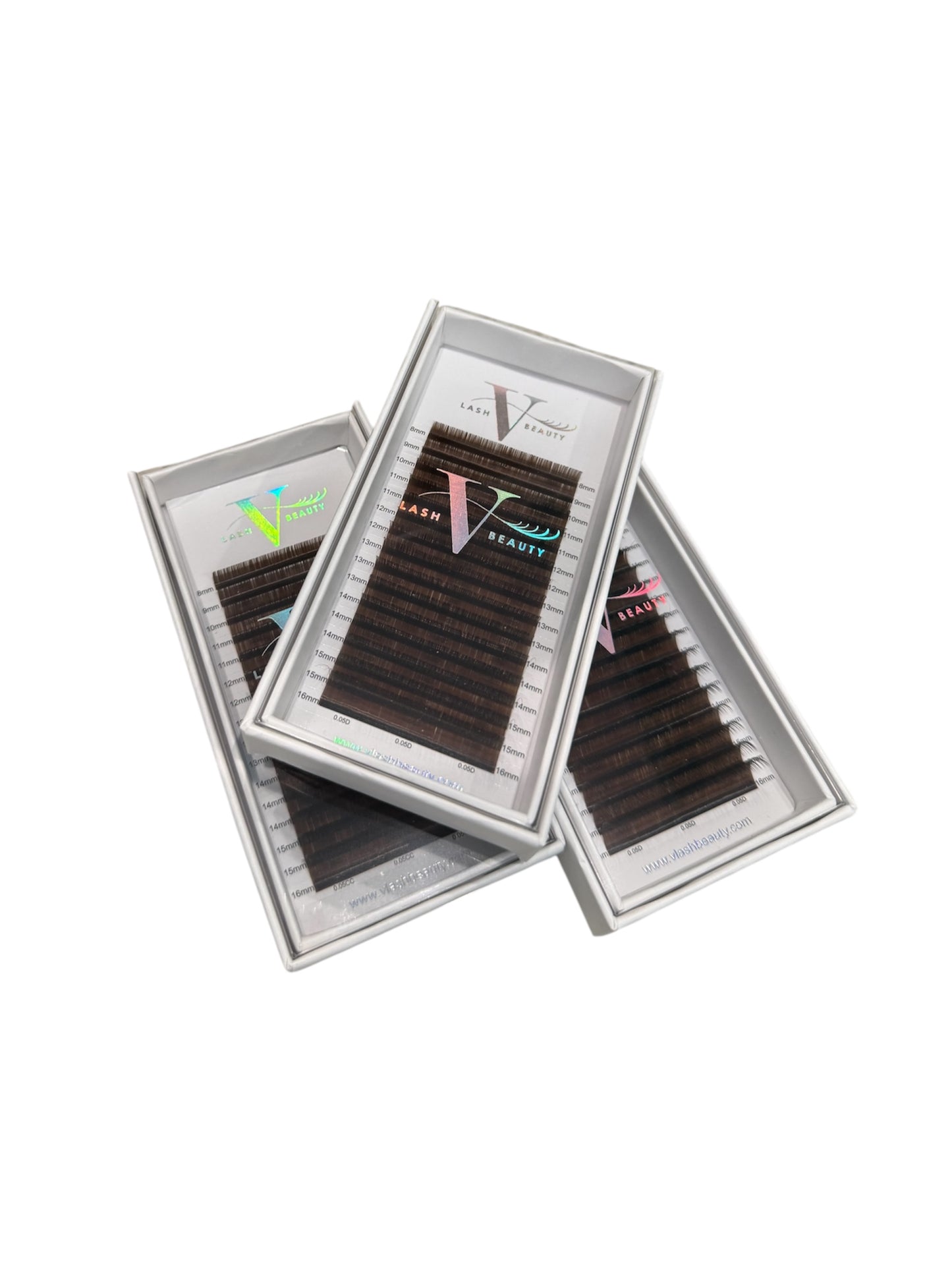 dark brown volume lash extension trays with mixed lengths on a white background - V Lash Beauty