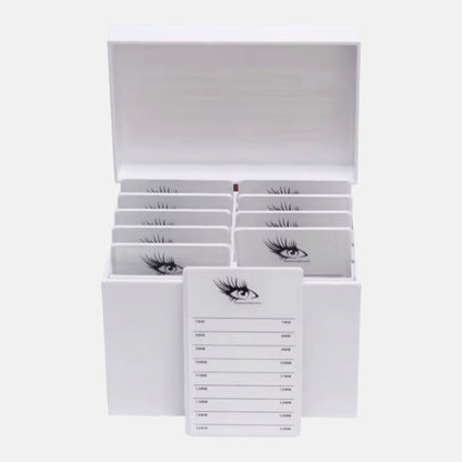 Eyelash extensions lash tile organizer with labeled lash length trays and storage box
