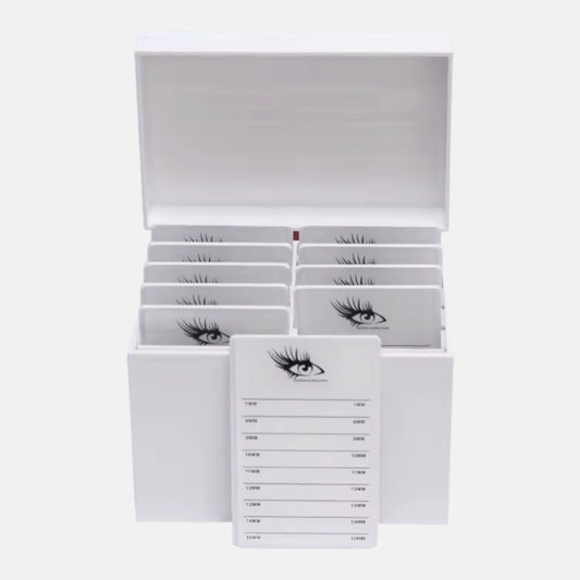 Eyelash extensions lash tile organizer with labeled lash length trays and storage box