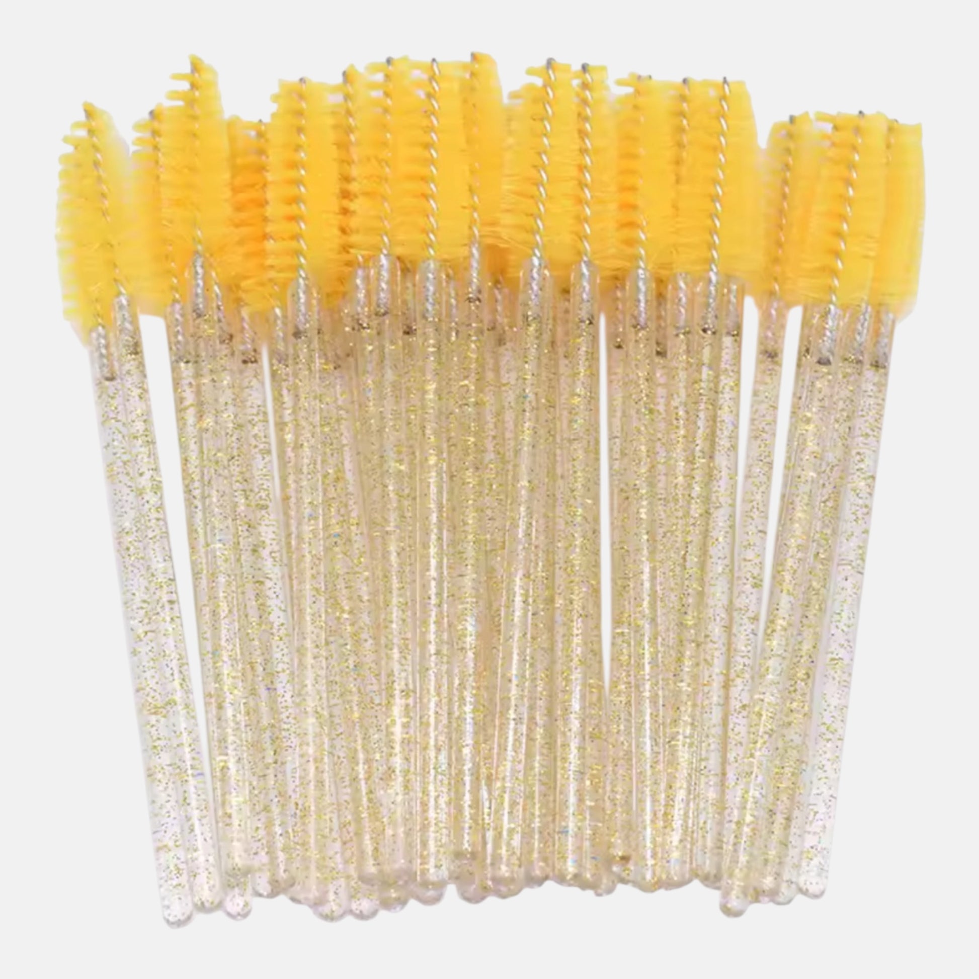 Yellow disposable eyelash extension mascara wands with soft spoolie brushes for lash grooming and aftercare