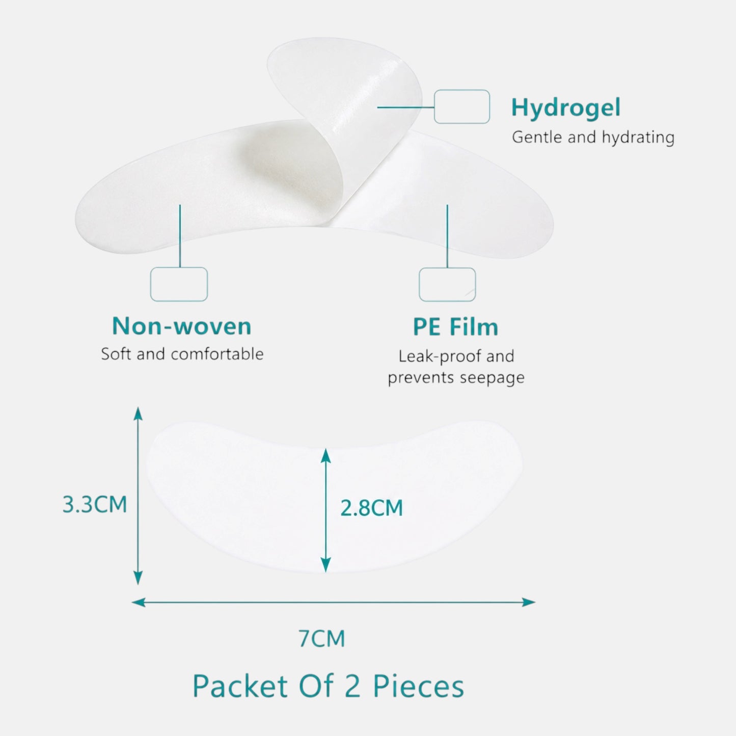Hydrogel gel eye pads for eyelash extensions showing hydrating, non-woven, leak-proof design and product dimensions