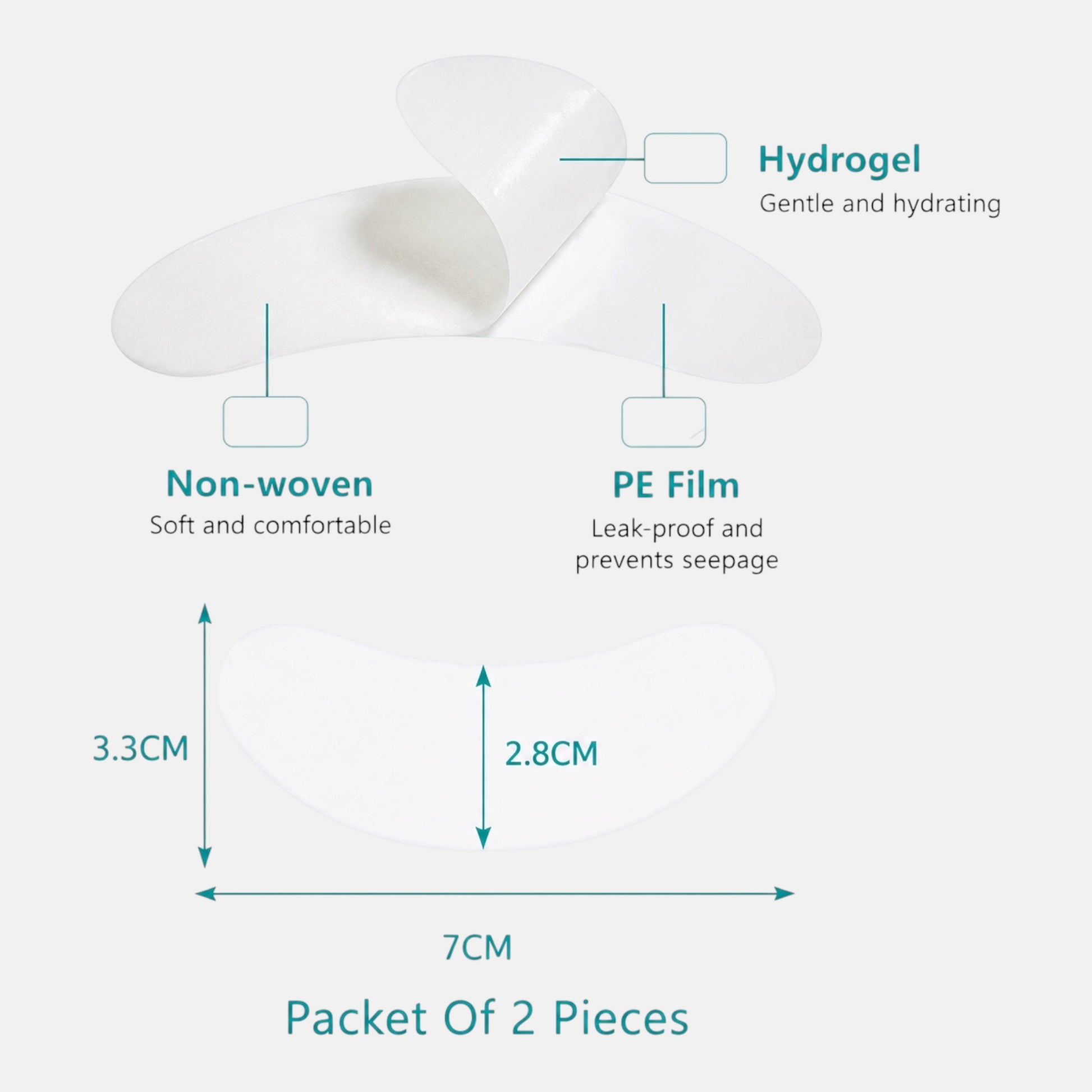 Hydrogel gel eye pads for eyelash extensions showing hydrating, non-woven, leak-proof design and product dimensions