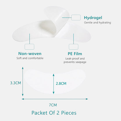 Hydrogel gel eye pads for eyelash extensions showing hydrating, non-woven, leak-proof design and product dimensions