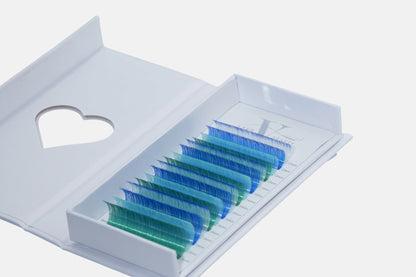 Making Waves 0.05mm Colored Lash Extensions featuring blue, aqua, and teal lashes for volume, hybrid, and creative lash designs.