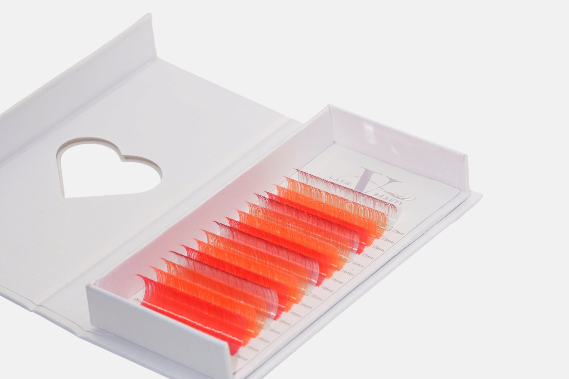 Sunset Glow 0.05mm Colored Lash Extensions featuring coral, neon orange, and hot pink lashes for volume, hybrid, and creative lash designs.
