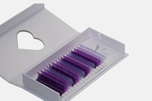 Moonlit Magic 0.05mm Colored Lash Extensions featuring purple, lavender, and icy blue lashes for volume, hybrid, and creative lash designs.