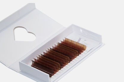 Mocha Luxe 0.05mm Brown Lash Extensions featuring espresso, chestnut, caramel, and mocha tones for volume, hybrid, and natural lash designs.