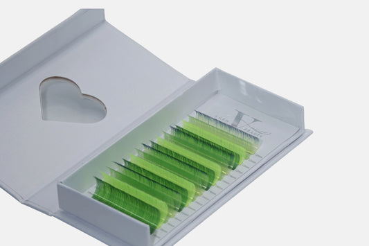 Electric Lime 0.05mm Colored Lash Extensions featuring lime green, neon green, and mint lashes for volume, hybrid, and creative lash designs.

